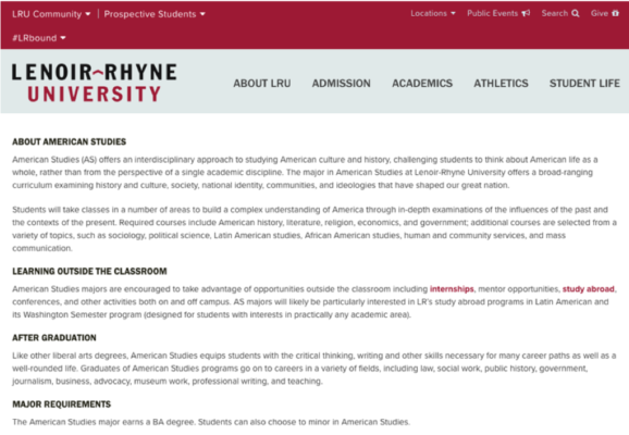 Typical academic program page that is all text with no images and little or no information about the student experience.
