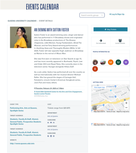 Example of a robust event landing page with event description, directions, ticket link, map, etc. Example of a robust event landing page