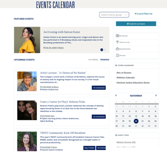 Example of a robust campus events calendar with landing page with linked event landing pages, event categories and multiple university calendars. Example of a robust campus events calendar landing page