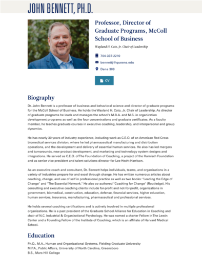 Example of a faculty biography page with professor headshot, CV and biography. Example of a faculty biography page