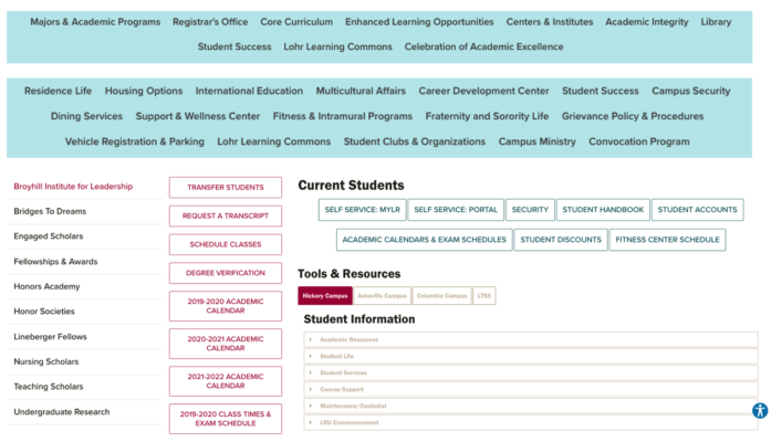 View of multiple website navigation formats including centered navigation, left navigation, vertical button navigation, horizontal button navigation, tab navigation and heavy use of accordions