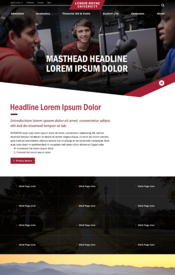 Screenshot 20: High Level Desktop with real images. Images are for placement only High Level Desktop webpage with real images showing masthead video, Asheville skyline, quote from student. campus directory and news and events listing