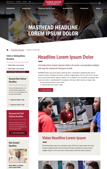 Screenshot 21: Standard Level Desktop with real images. Images are for placement only. Standard Level Desktop with real images. Webpage design showing video gallery, photo and caption, callows, Asheville skyline and student quote, program chooser, directory listing, accordions, news and events