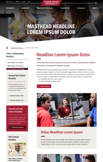 Screenshot 21: Standard Level Desktop with real images. Images are for placement only. Standard Level Desktop with real images. Webpage design showing video gallery, photo and caption, callows, Asheville skyline and student quote, program chooser, directory listing, accordions, news and events