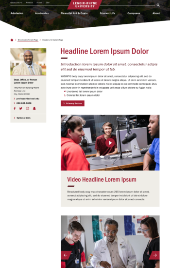 Screenshot 22: Faculty and Staff Biography Detail Desktop with real images. Images are for placement only. Faculty and Staff Biography Detail Desktop with real images. Shows faculty directory listing, photo and headline, photo gallery, accordions, and academic program finder related programs.