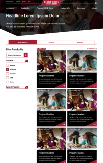 Screenshot 23: Program Finder Desktop with real images. Images are for placement only. Program Finder Desktop with real images.Academic program finder page showing photos and listings of academic programs, keyword search and degree programs by campus location.