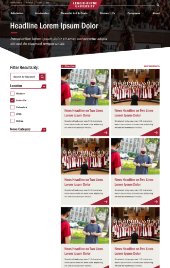 Screenshot 24: News Aggregate Desktop with real images. Images are for placement only. News Aggregate Desktop with real images. Shows images for news stories, news headlines, descriptive text and links to stories. Includes keyword search.