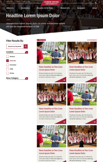 Screenshot 24: News Aggregate Desktop with real images. Images are for placement only. News Aggregate Desktop with real images. Shows images for news stories, news headlines, descriptive text and links to stories. Includes keyword search.